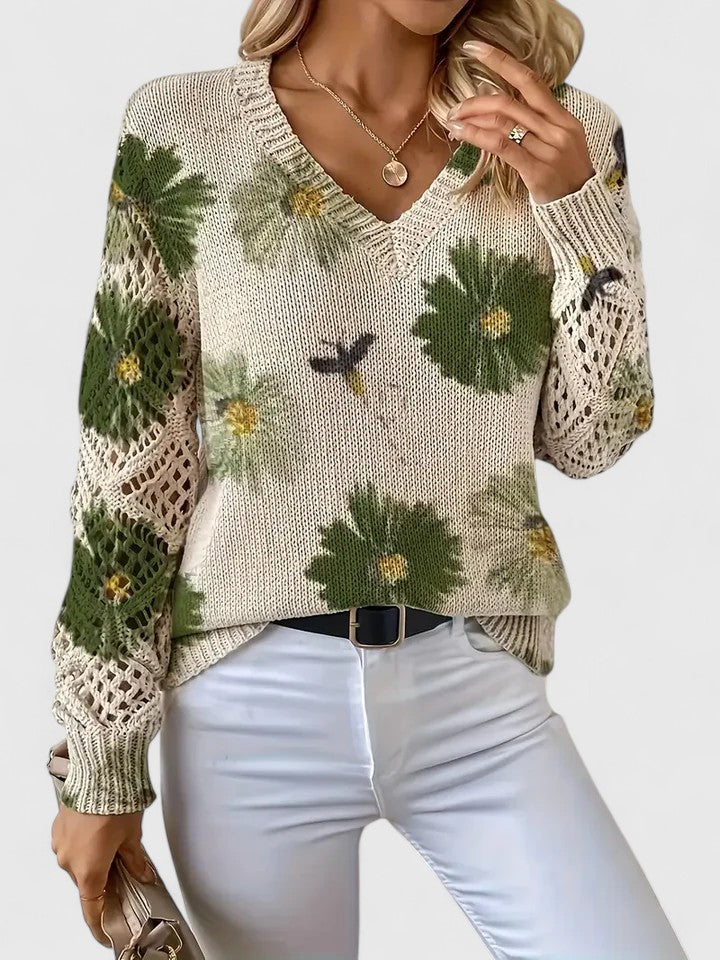 Frida™ | Elegant stickad tröja med blommiga detaljer