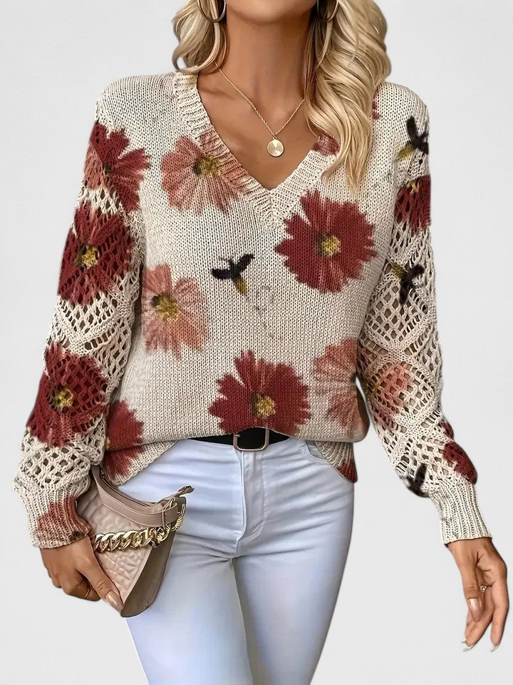 Frida™ | Elegant stickad tröja med blommiga detaljer